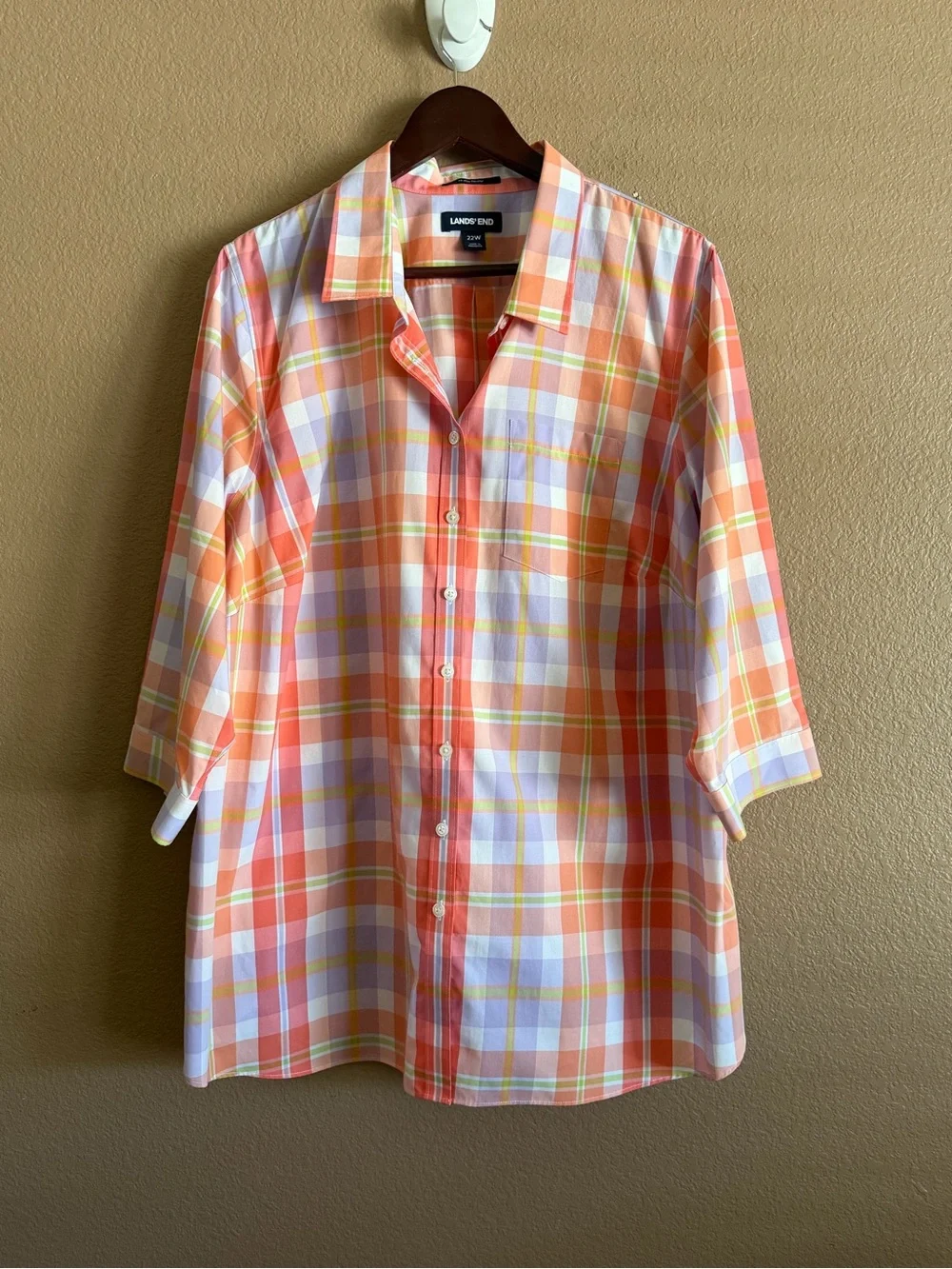 Lands' End Peach, light Purple and White Checkered Button-Down Shirt Size 22W - Picture 2 of 10